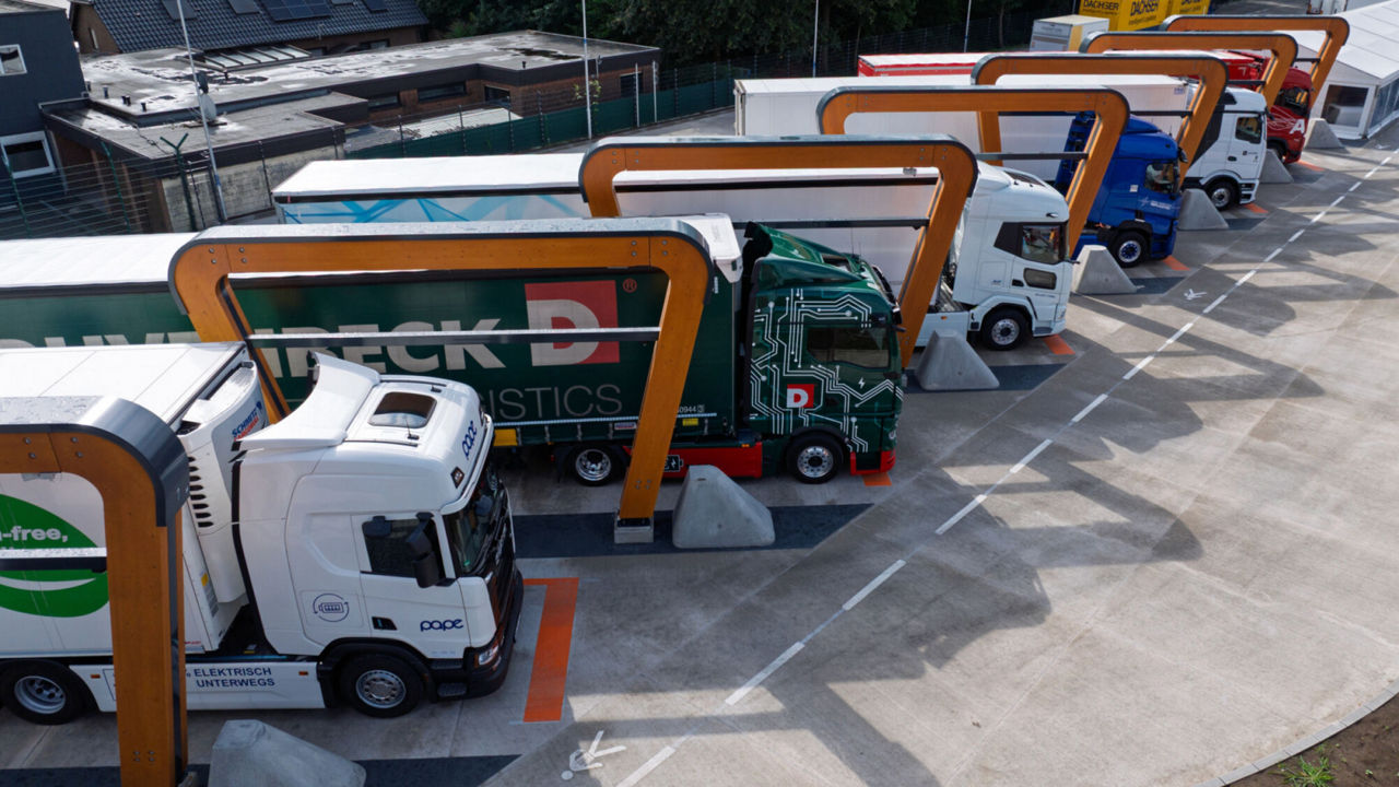 Trucks lined up at the fast-charging station